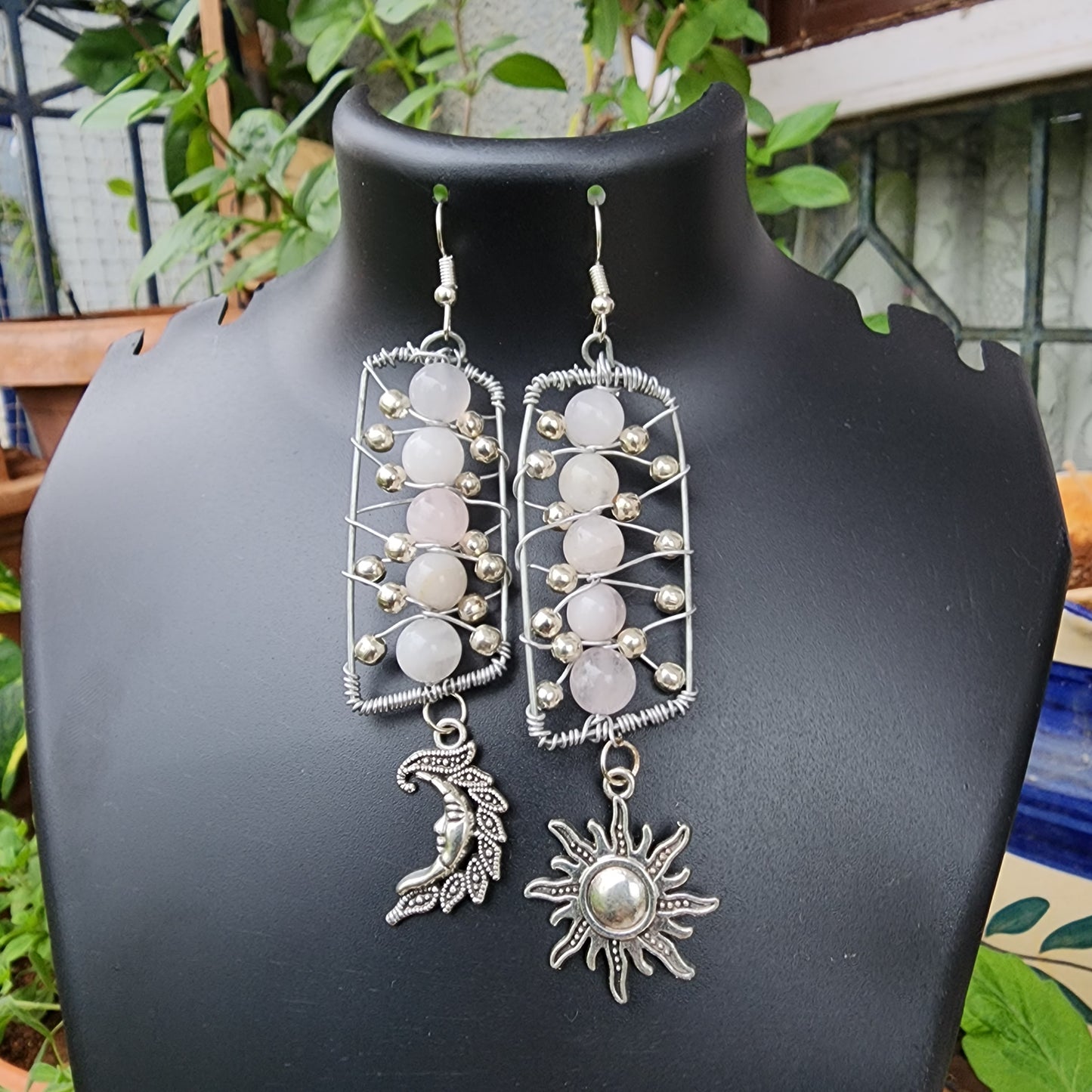 Moon and Sun Rose Quartz Earrings