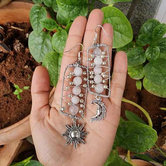 Moon and Sun Rose Quartz Earrings