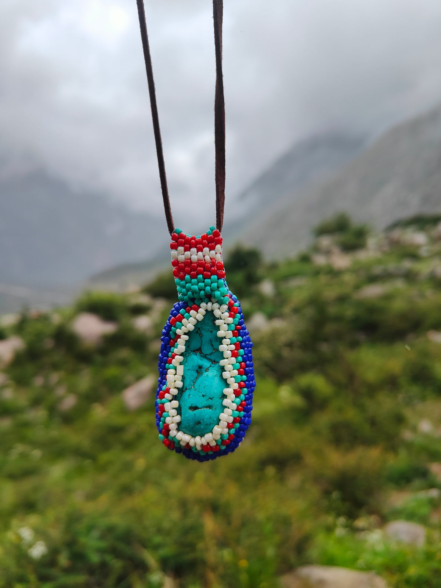 Turquoise Pendant with Glass beaded bezel