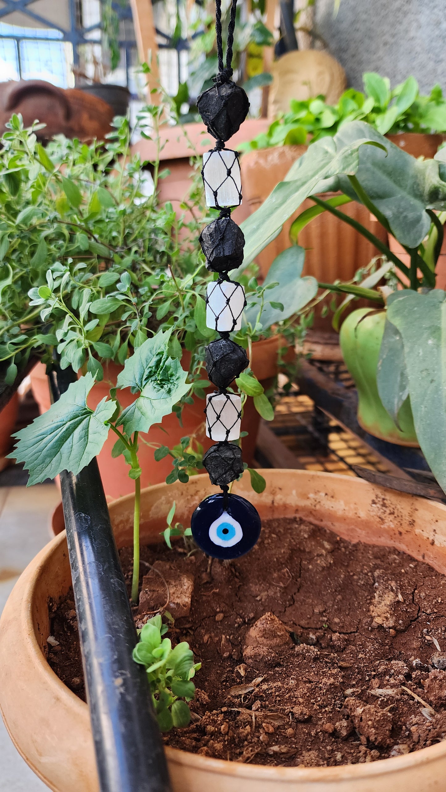 Evil Eye - Black Tourmaline and Selenite Protection Dangler