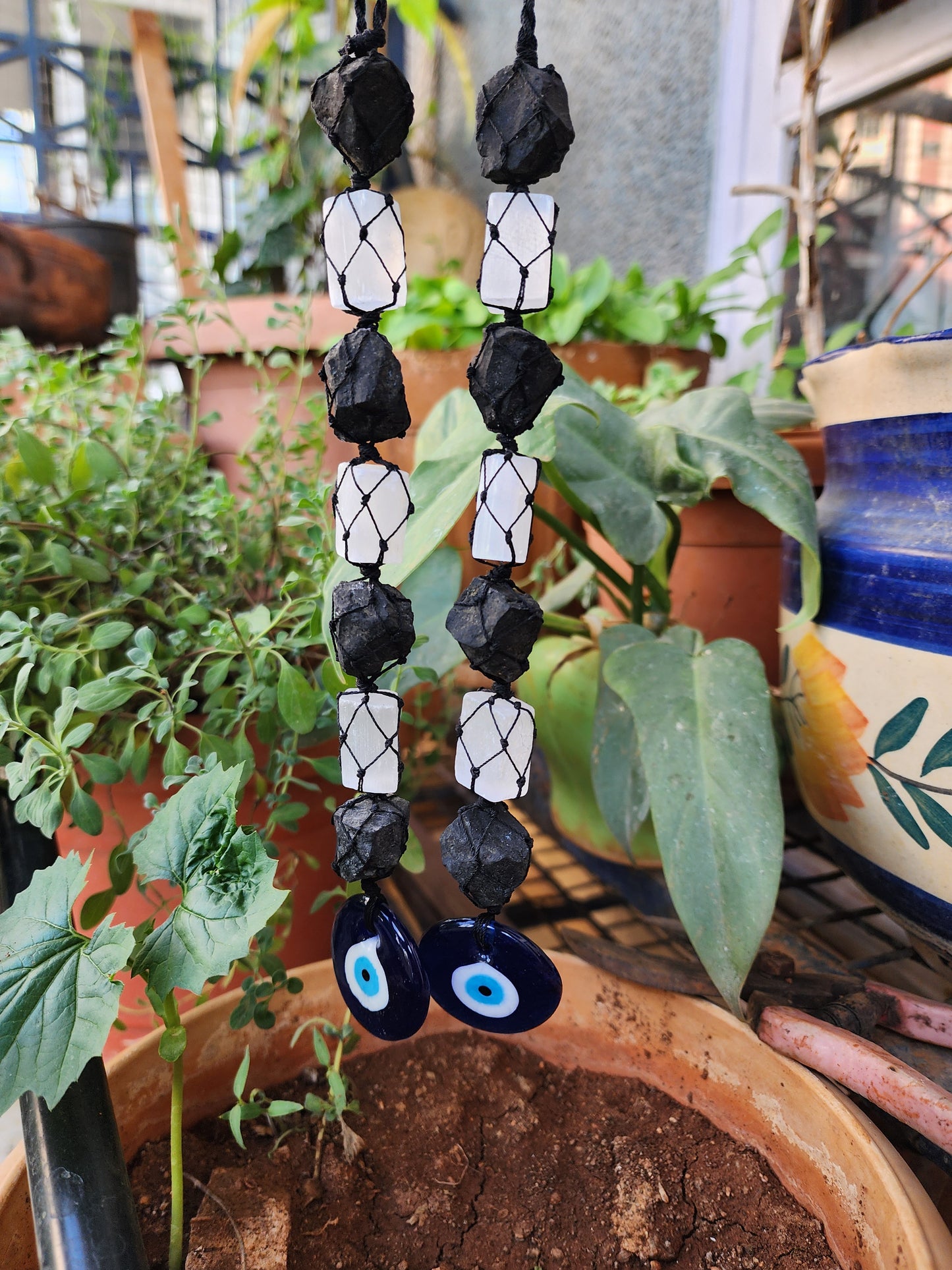 Evil Eye - Black Tourmaline and Selenite Protection Dangler