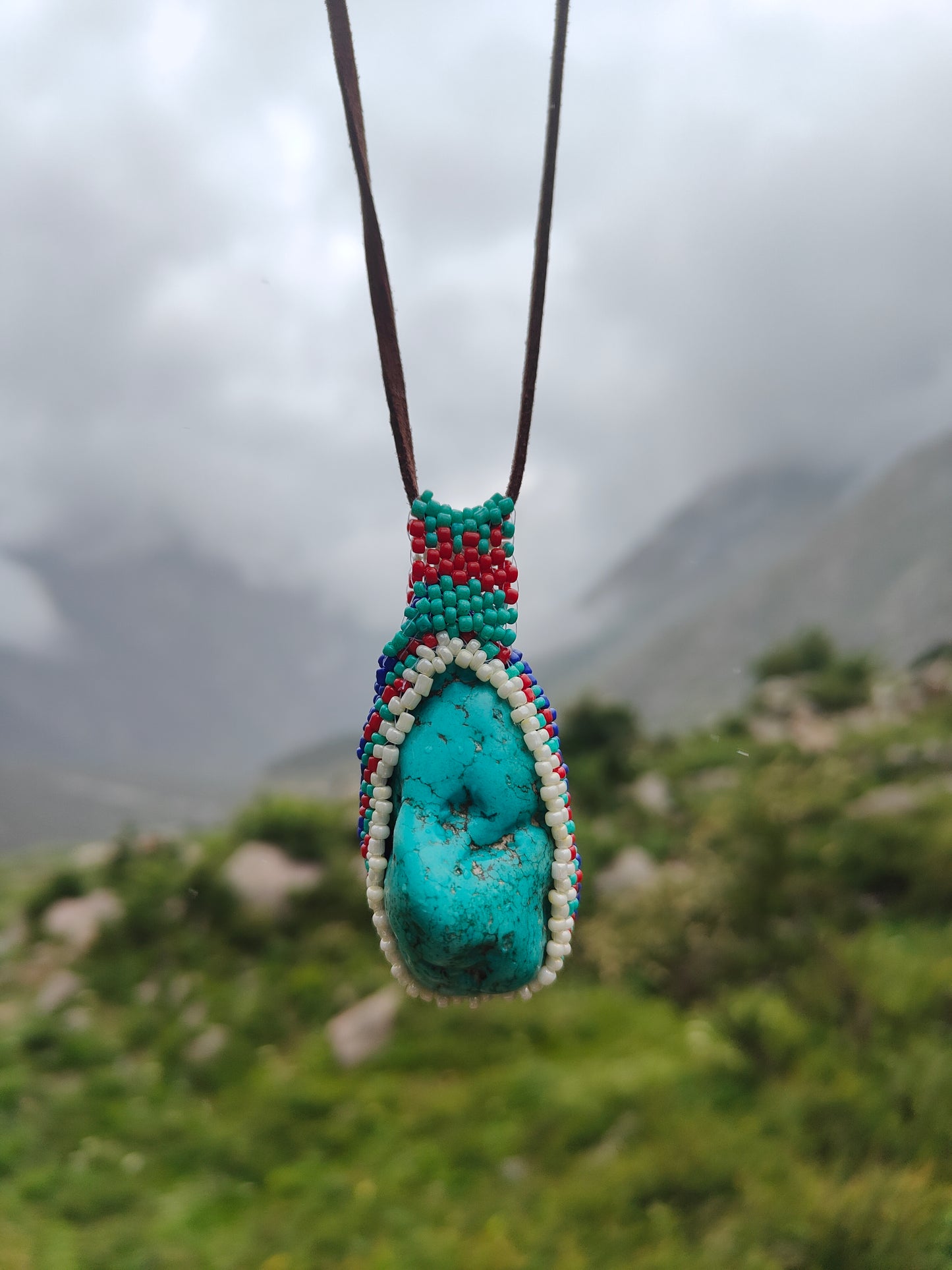 Turquoise Pendant with Glass beaded bezel