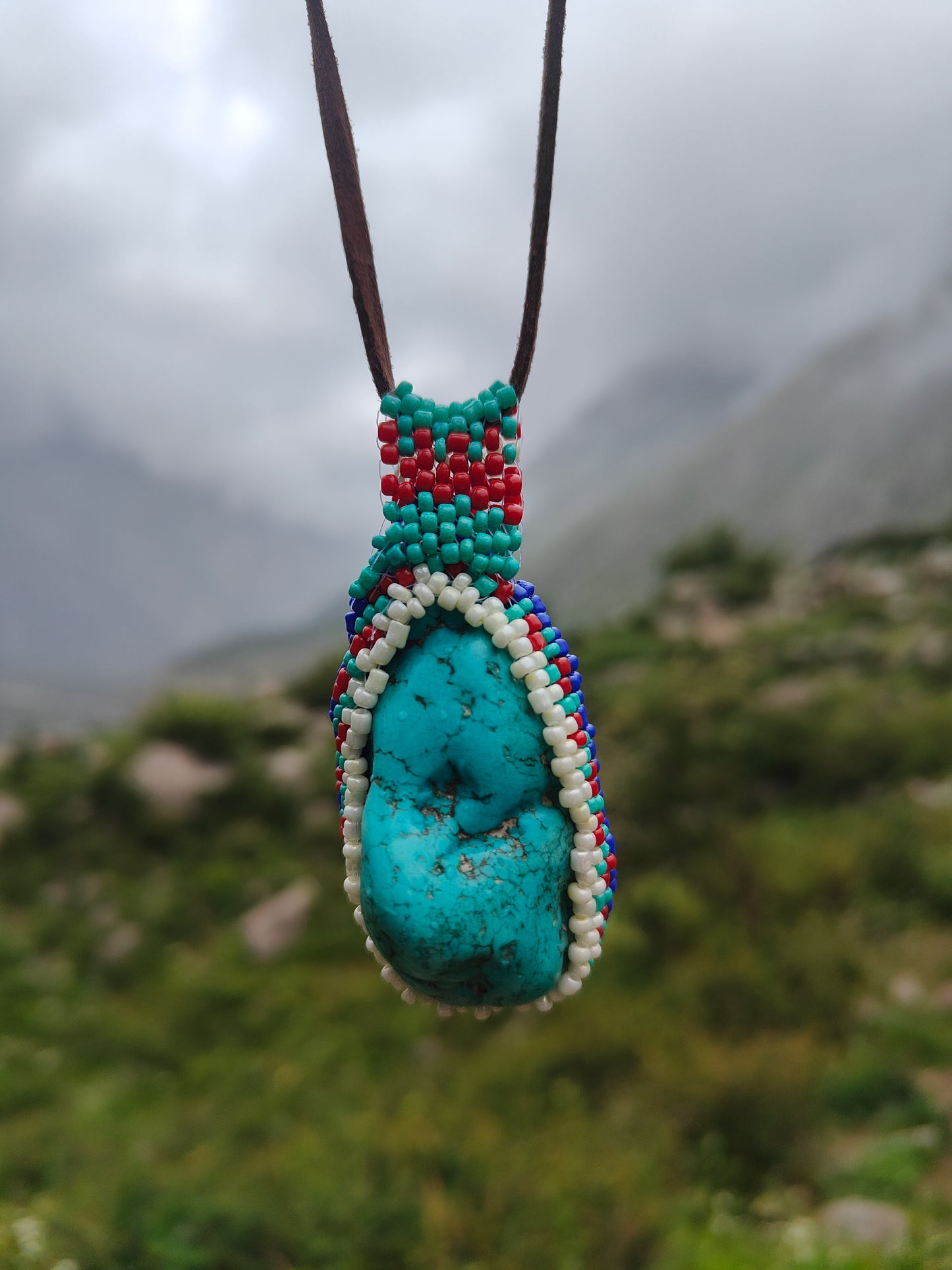 Turquoise Pendant with Glass beaded bezel